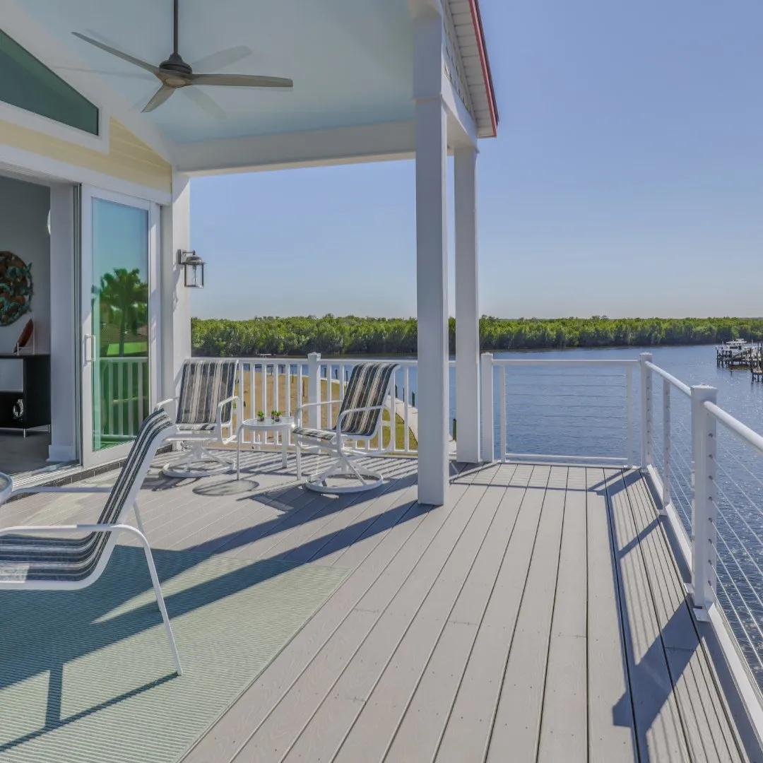 Composite deck with railing overlooking the water