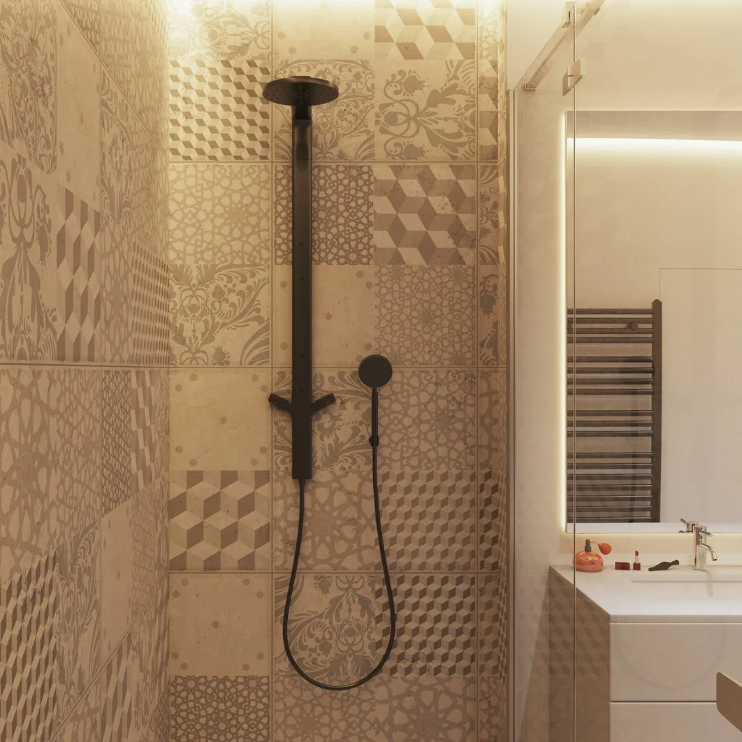 Modern black shower fixtures on patterned tile